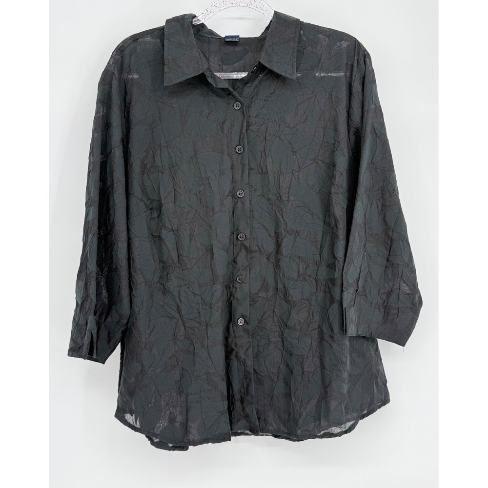 CB Plus Casual Womens Charcoal Grey Crinkle Print 3/4 Sleeve Blouse Shirt Sz 1X